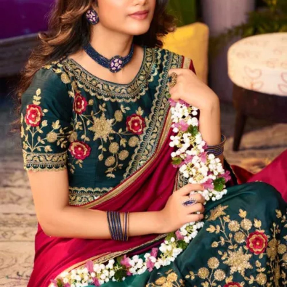 Wedding Guest Saree in Blue Pink Gold Floral - Picture 3 of 11